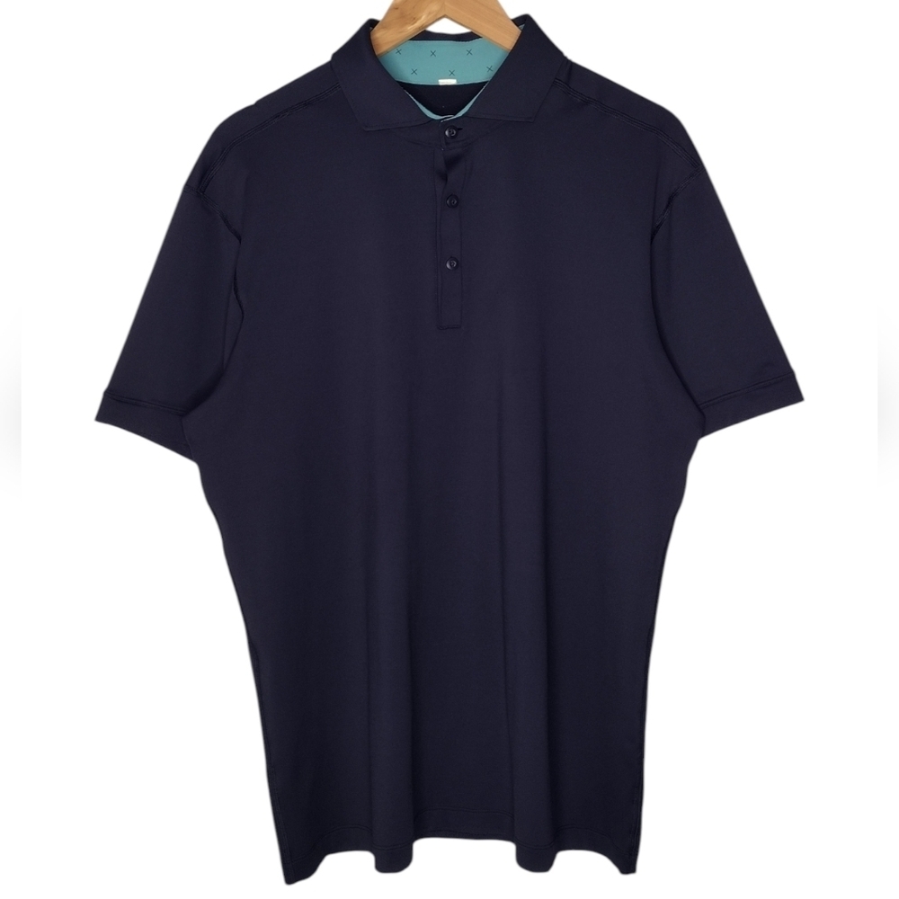 Lululemon Men's Navy Blue Short Sleeve Athletic Button-Up Collar Polo Shirt L